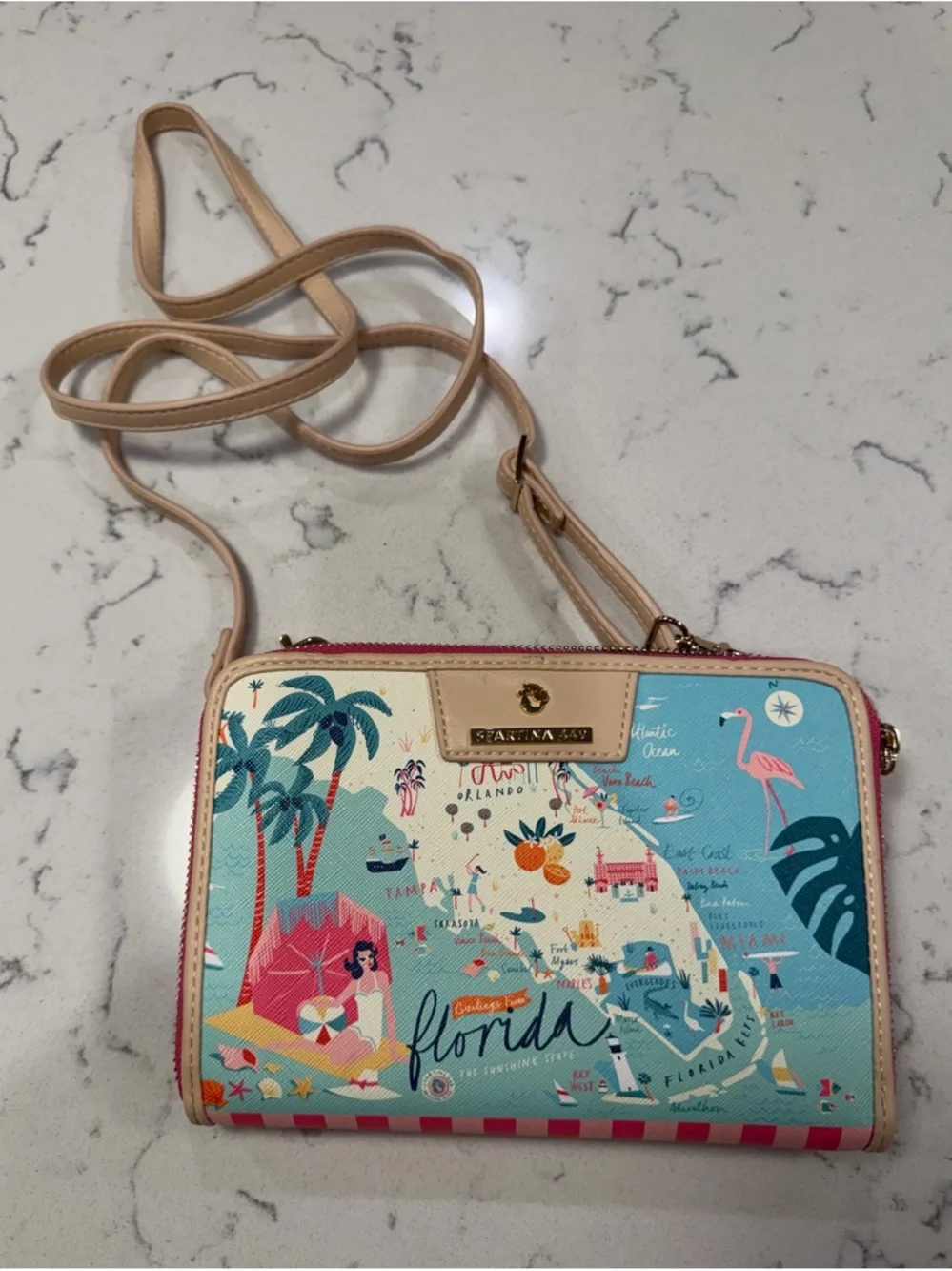 Spartina 449 Aqua Multi Florida Map Wristlet with Pink Trim - Picture 3 of 4